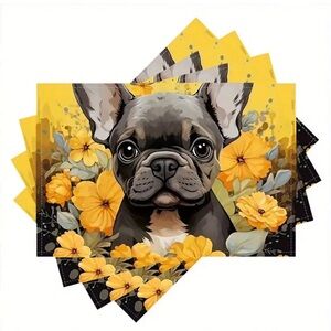Set of 4 Yellow Floral French Bulldog/Boston Terrier Linen Rectangular Placemats